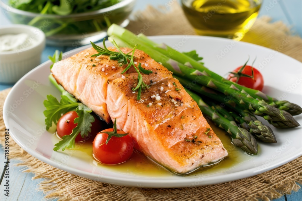 Grilled salmon fillet, vibrant asparagus spears, cherry tomatoes, arugula garnish, white ceramic plate, wooden table, olive oil drizzle, rustic setting, food photography, gourmet meal, healthy cuisine Grilled salmon fillet, vibrant asparagus spears, cherry tomatoes, arugula garnish, white ceramic plate, wooden table, olive oil drizzle, rustic setting, food photography, gourmet meal, healthy cuisine