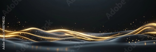 Golden waves of light flowing in dark abstract background with sparkling particles
