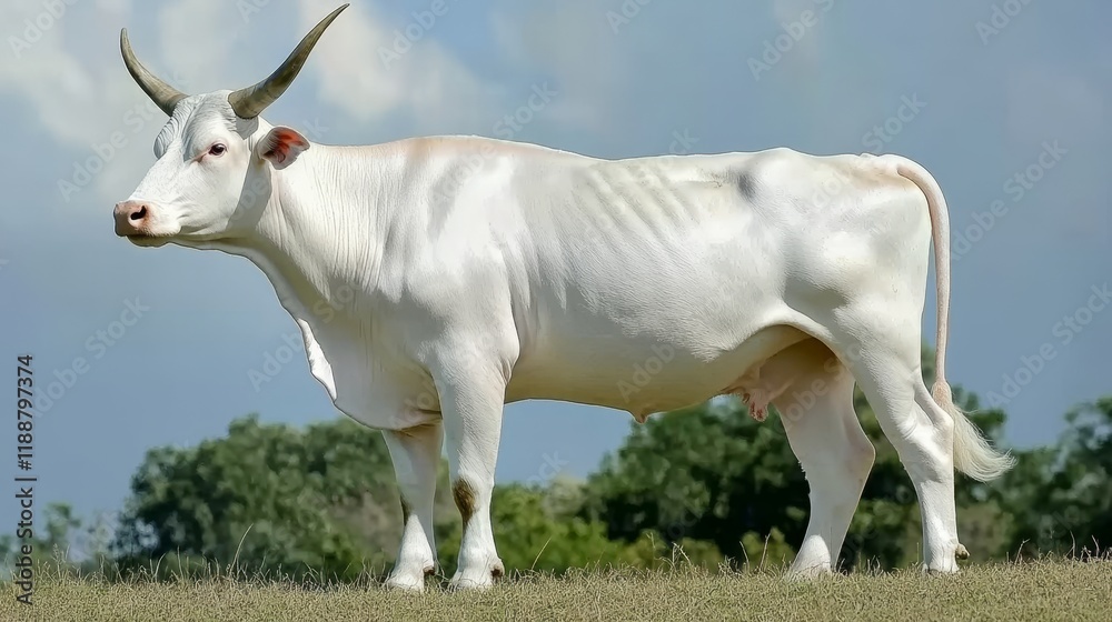 Majestic White Bull in a Sunny Field, Livestock, Farm Animal, Cattle, Bovine, Nature Photography Majestic White Bull in a Sunny Field, Livestock, Farm Animal, Cattle, Bovine, Nature Photography