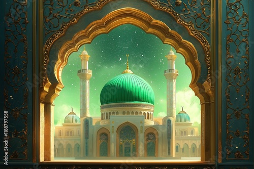 Mosque with green dome shown through ornate archway. Islamic architectural style. Peaceful scene with celestial background. Celebration poster for Mawlid al Nabi in India. Traditional Islamic art, photo