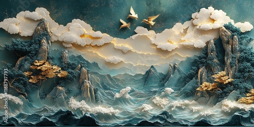 Exquisite 3D Mountain Landscape with Gold Accents