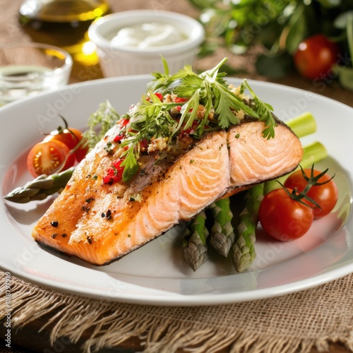 Grilled salmon fillet, vibrant green asparagus spears, cherry tomatoes, white ceramic plate, rustic wooden table, olive oil bottle, fresh herbs, healthy Mediterranean meal, food photography, soft natu photo