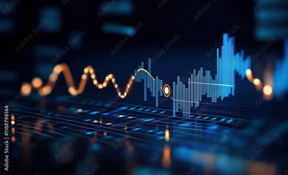 Naklejka premium A futuristic data visualization with vibrant graphs and wave patterns representing digital information and analytics.