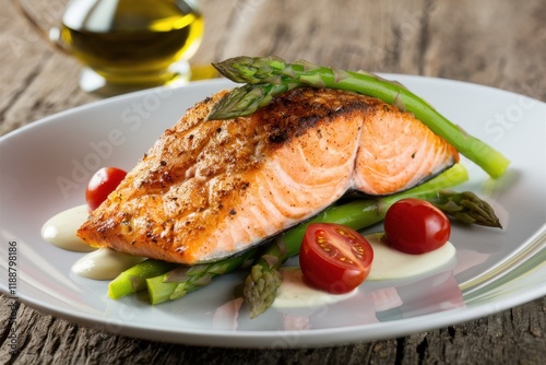 Grilled salmon fillet, vibrant green asparagus spears, cherry tomatoes, white ceramic plate, rustic wooden table, olive oil bottle, fresh herbs, healthy Mediterranean meal, food photography, soft natu photo