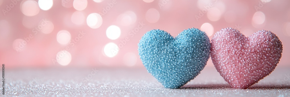Obraz premium Close-Up of Two Sparkling Pastel Hearts Symbolizing Love and Romance On a Glittering Background