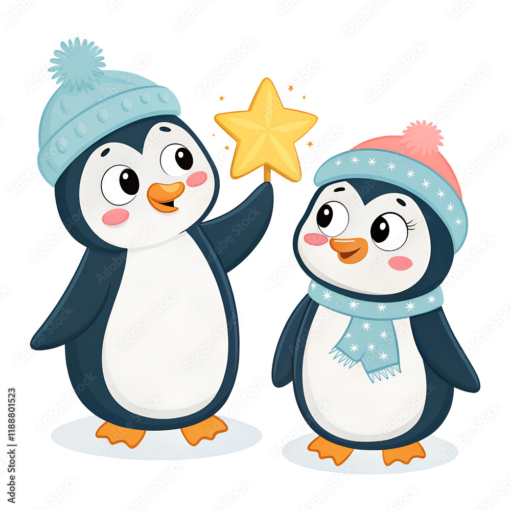 Fototapeta premium Penguins on Snow in a Winter Wonderland illustration playful cold animal adventure ice shelf natural landmark text white background family holding hands star