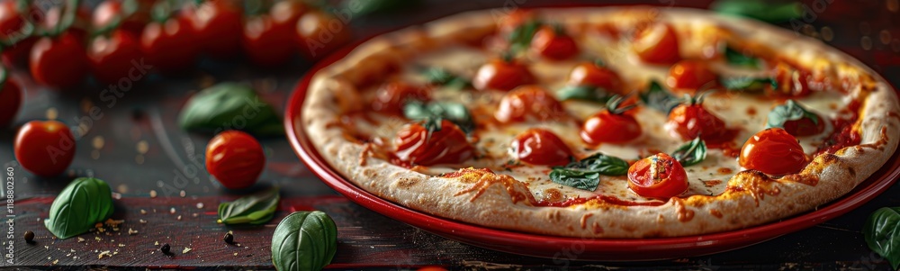 Tomatoes and basil on a pizza with cheese and basil leaves, food background, banner, copy space Tomatoes and basil on a pizza with cheese and basil leaves, food background, banner, copy space