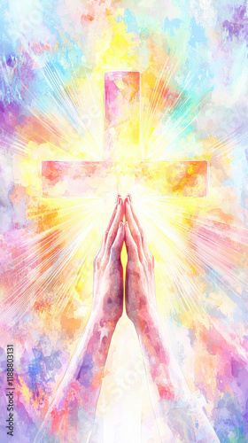 A symbolic watercolor of a pair of praying hands in front of a glowing cross, with vibrant rays radiating outward, embodying themes of devotion and spiritual illumination.
