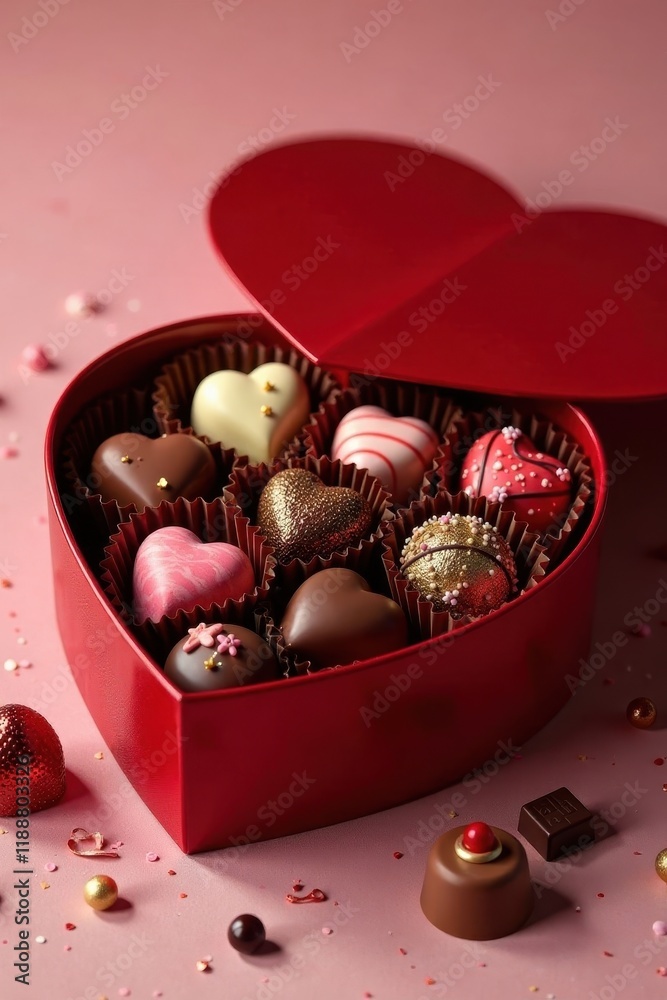 Luxurious chocolate assortment, heart-shaped box, dark chocolate, still life
