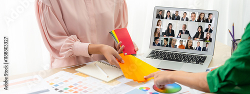 Business people on video conference for brisk virtual group meeting of corprate business office workers photo