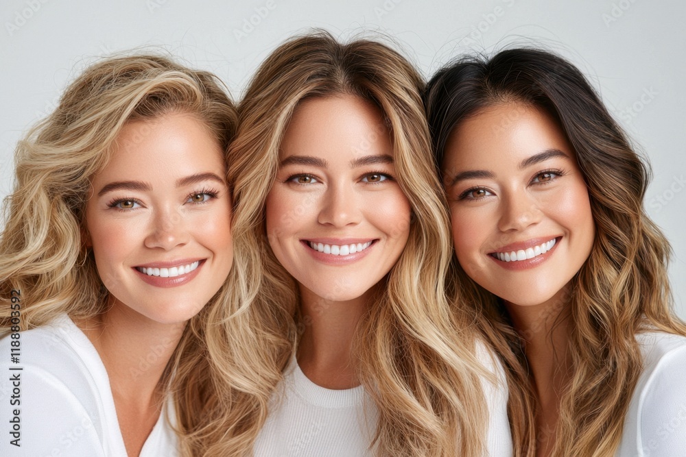 Diverse beauty standards concept. Three smiling women with wavy hair posing together against a light background Diverse beauty standards concept. Three smiling women with wavy hair posing together against a light background