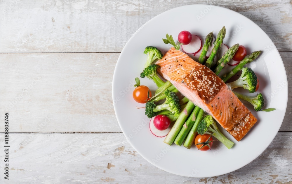 Grilled salmon fillet, colorful vegetable salad, white ceramic plate, rustic wooden table background, healthy meal, vibrant food photography, asparagus spears, cherry tomatoes, fresh greens, overhead Grilled salmon fillet, colorful vegetable salad, white ceramic plate, rustic wooden table background, healthy meal, vibrant food photography, asparagus spears, cherry tomatoes, fresh greens, overhead
