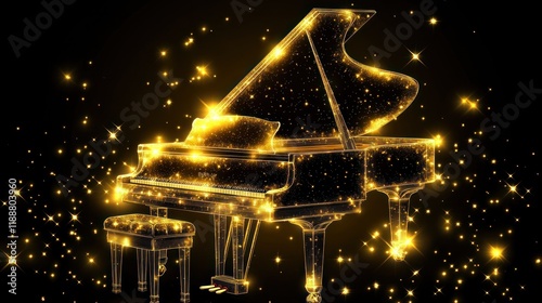 Golden grand piano with sparkles, music, concert.