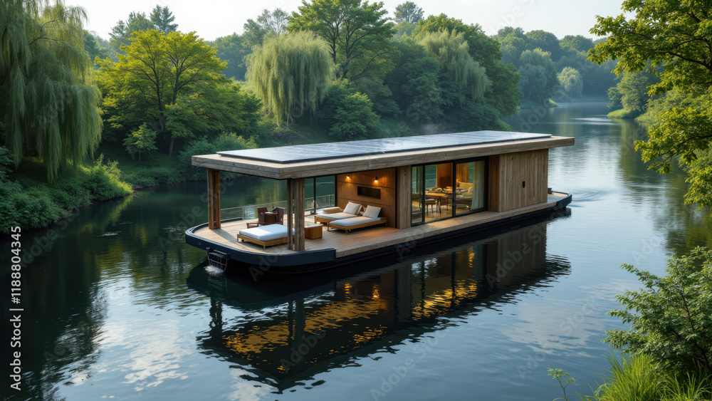 Eco-friendly floating house with solar panels on a calm river surrounded by lush greenery.