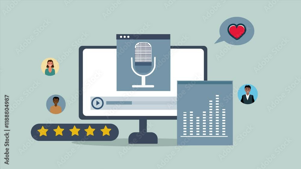 Podcasting and Social Media Concept Animation 2d Design. Computer Screen with Microphone, Audio Record and Social Symbols Podcasting and Social Media Concept Animation 2d Design. Computer Screen with Microphone, Audio Record and Social Symbols