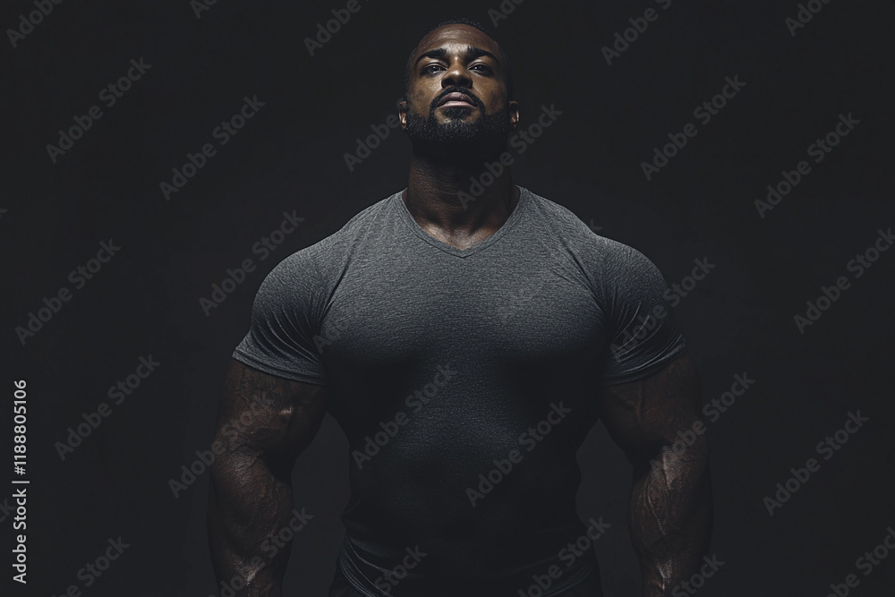 Muscular man exuding confidence in gym attire Muscular man exuding confidence in gym attire