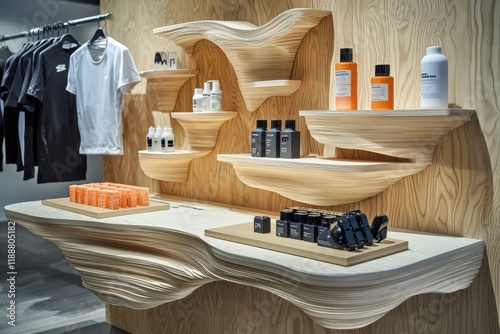 Innovative retail display featuring personal care products urban boutique visual merchandising contemporary design eye-level view modern aesthetics photo