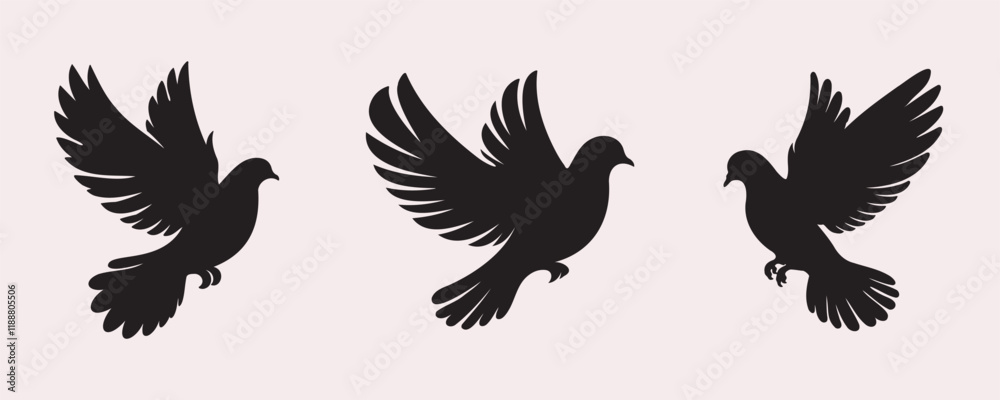 Fototapeta premium Three black dove silhouettes in different flying poses with fully spread wings on a light gray background
