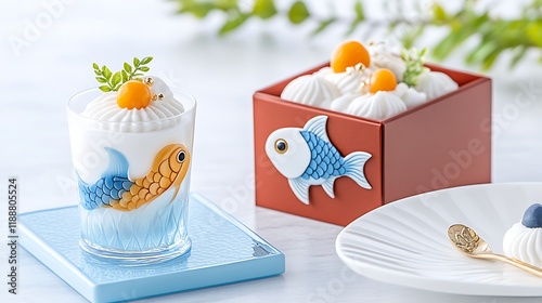 Elegant Koi Fish Dessert Cups and Box  Whipped Cream  Japanese Sweets photo