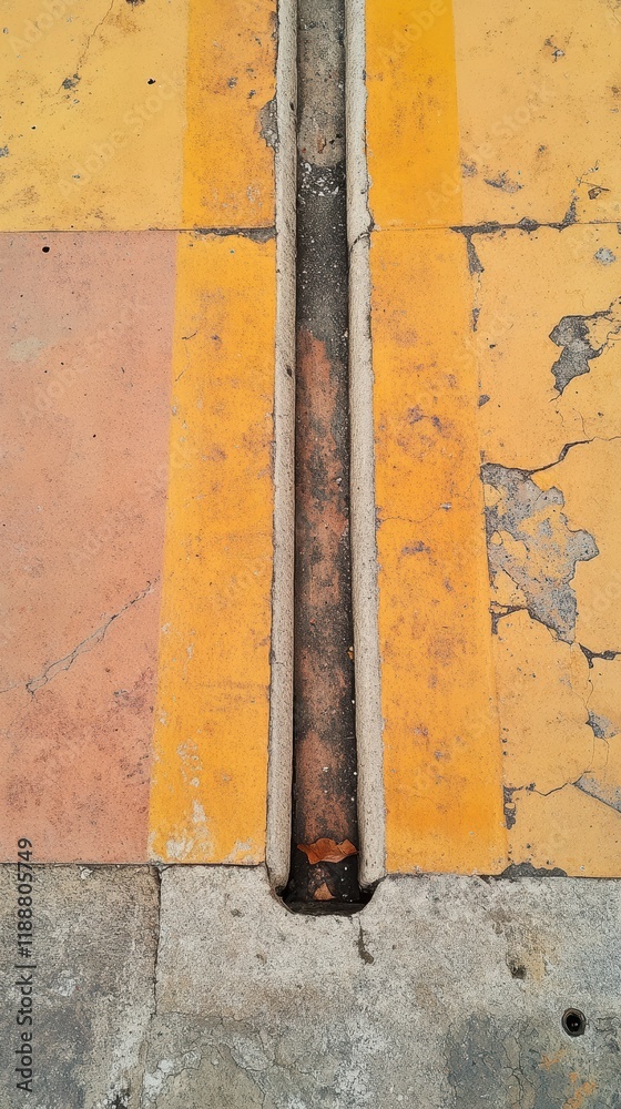 Naklejka premium A detailed view of aged pavement featuring a drainage line integrated between faded yellow stripes. The surface shows signs of wear and urban life, set in a city environment