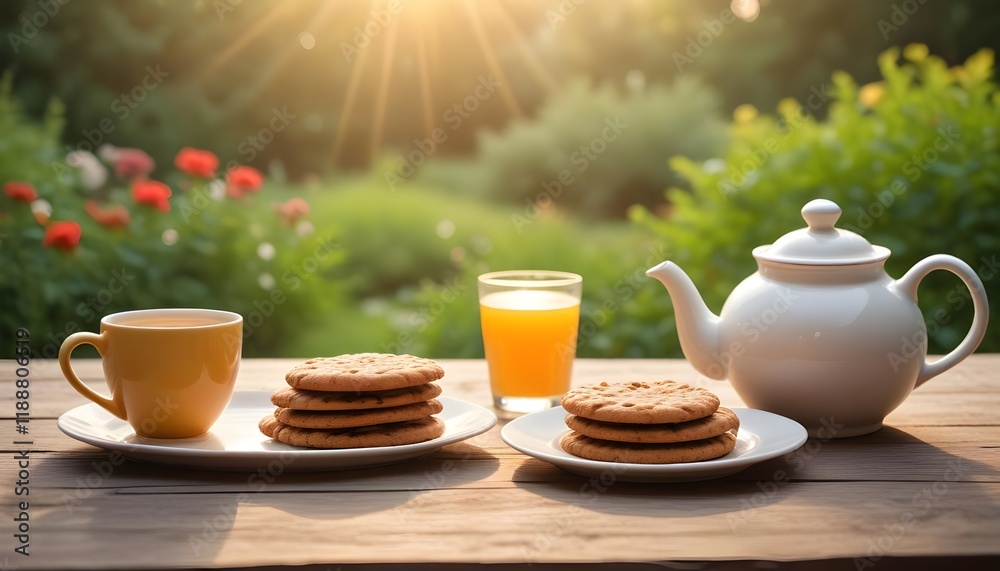 Fototapeta premium Rustic table with teapot and plate of cookies. Garden sunrise bokeh background