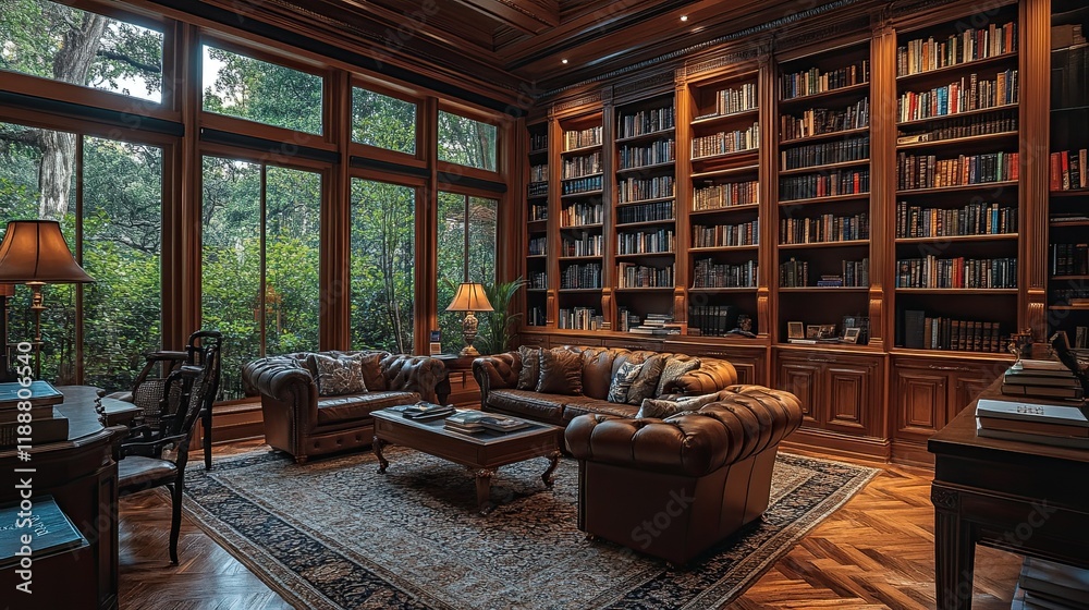 A luxurious home library with refined furnishings, a cozy sitting area, and elegant decor exudes sophistication and comfort in a stylish interior setting. A luxurious home library with refined furnishings, a cozy sitting area, and elegant decor exudes sophistication and comfort in a stylish interior setting.