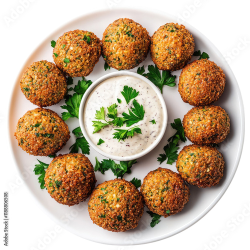 Crispy falafel with yogurt dip and parsley isolated on white or transparent PNG