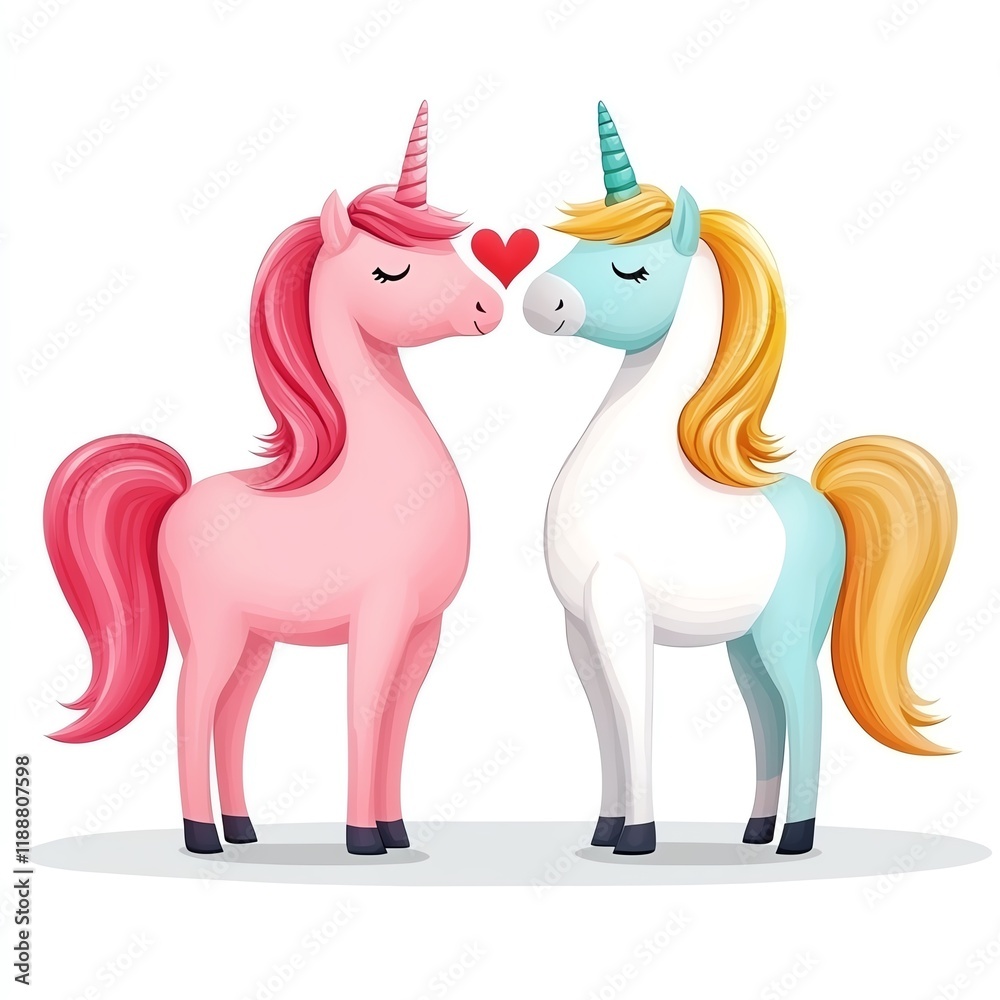 Fototapeta premium Two adorable unicorns in love, showcasing friendship and joy in a whimsical, colorful illustration.