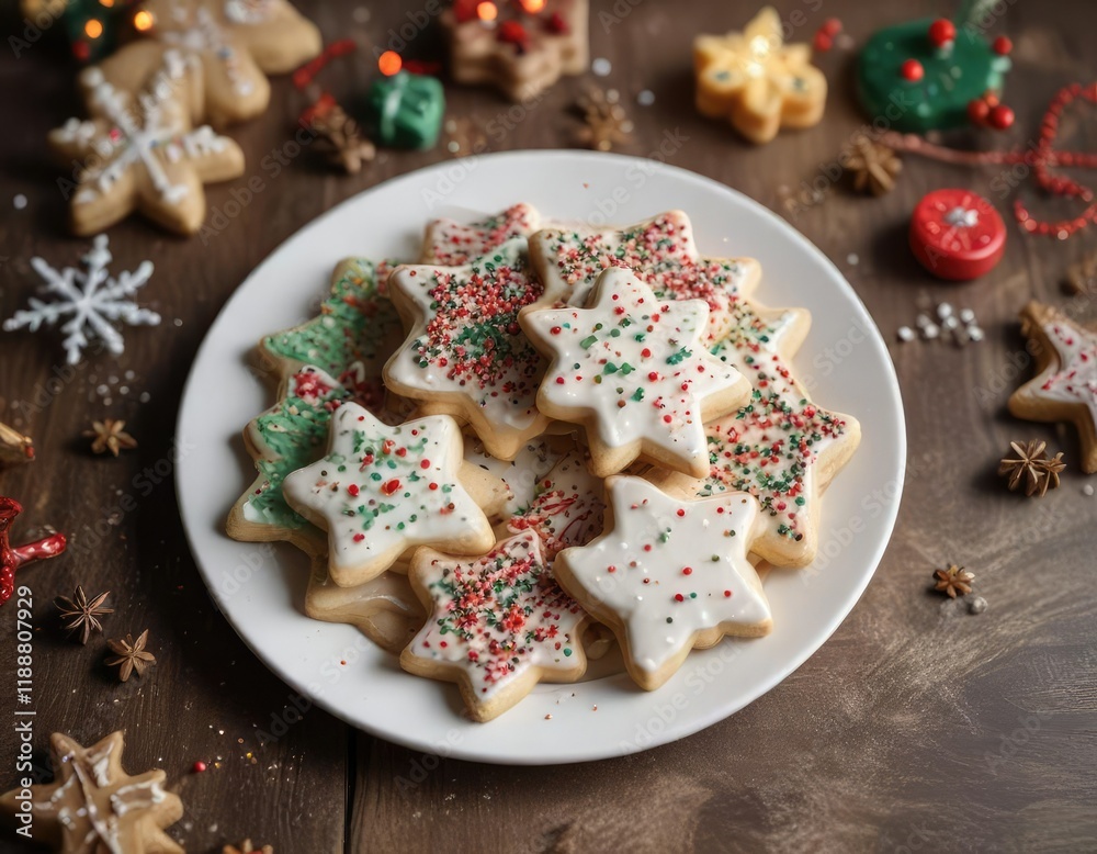 A plate of Christmas sugar cookies with icing and sprinkles , sprinkles, treats, festive A plate of Christmas sugar cookies with icing and sprinkles , sprinkles, treats, festive