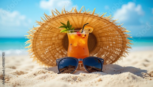 Straw hat with a exotic cocktail and sunglasses on sand beach