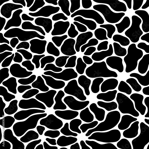 Abstract flowers black and white seamless pattern with wavy shapes on black. Matisse art endless background. Contemporary home textile, bedding, floor tiles, package. 
