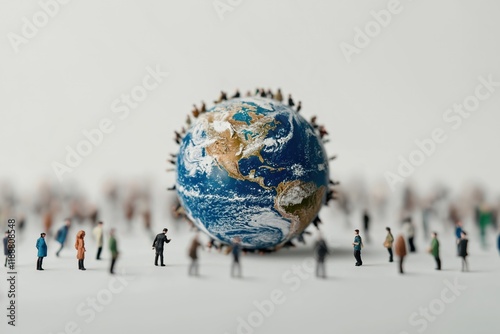 Miniature people surround large globe. Global unity, diversity concept. People stand near earth model. Idea of global connectivity. Many small figures symbolize world population. Global