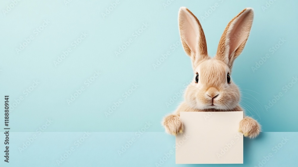 Cute Fluffy Bunny Holding Blank Paper with Tiny Paws on Pastel Blue Backdrop Cute Fluffy Bunny Holding Blank Paper with Tiny Paws on Pastel Blue Backdrop