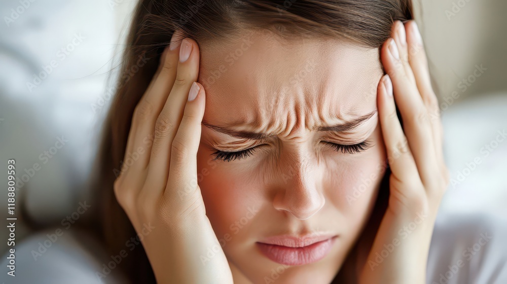 Fototapeta premium Woman Expressing Stress and Anxiety with Hands on Head