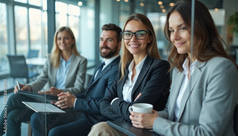 A diverse group of four professionals, two men and two women, are seated in a sleek, modern office, exuding confidence and collaboration. Their engaging smiles and stylish attire reflect a positive A diverse group of four professionals, two men and two women, are seated in a sleek, modern office, exuding confidence and collaboration. Their engaging smiles and stylish attire reflect a positive