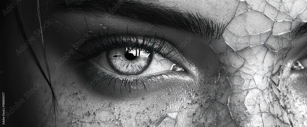 Obraz premium Close-up monochrome image of a woman's eye with cracked skin texture.