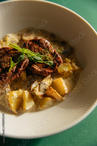 Fototapeta Naklejka Na Ścianę i Meble -  Veal medallions with potatoes and mushrooms in a plate on the table. Healthy food side dish