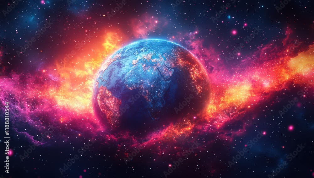 Fototapeta premium Abstract illustration of the Earth's magnetic field as a sphere with colorful rays and beams emanating from it, surrounded by stars in space. 