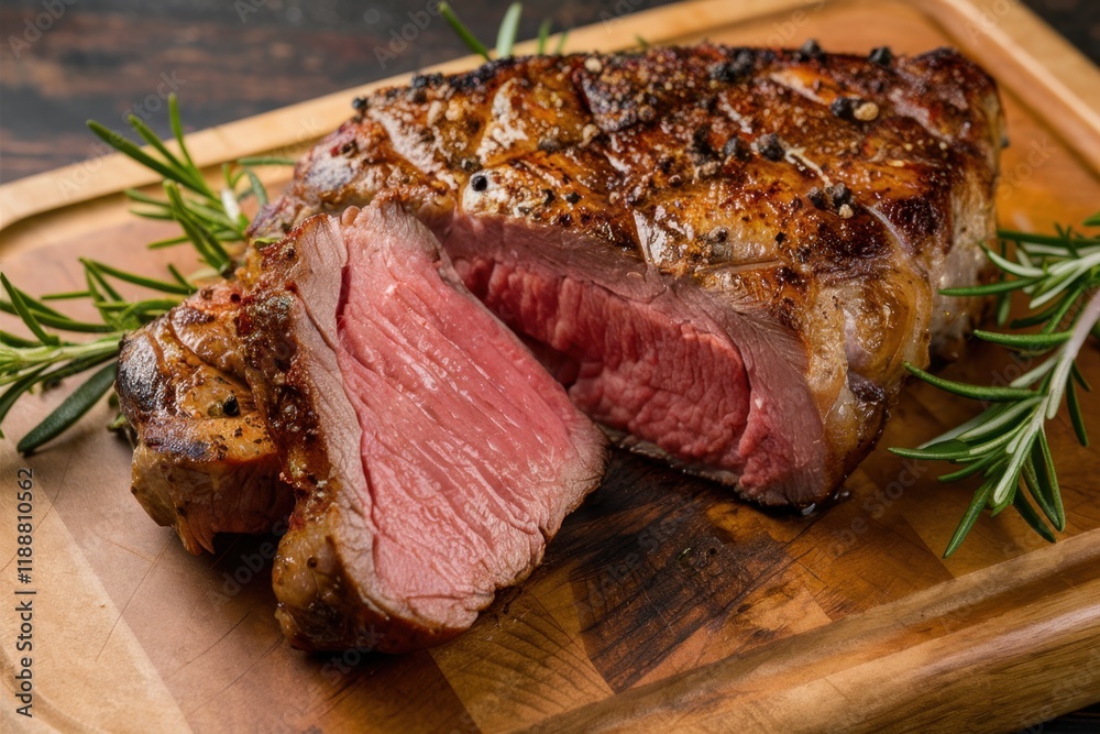 Juicy grilled ribeye steak, medium-rare sliced beef, char marks, wooden cutting board, rosemary garnish, dark background, high contrast, food photography, mouthwatering, gourmet cuisine, close-up deta Juicy grilled ribeye steak, medium-rare sliced beef, char marks, wooden cutting board, rosemary garnish, dark background, high contrast, food photography, mouthwatering, gourmet cuisine, close-up deta