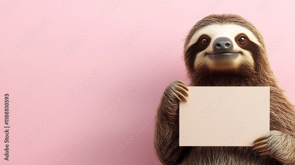 Fototapeta premium Grinning Sloth Holding Blank Sign Against Pastel Backdrop in 3D