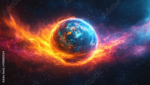 Wallpaper Mural Abstract illustration of the Earth's magnetic field as a sphere with colorful rays and beams emanating from it, surrounded by stars in space.  Torontodigital.ca