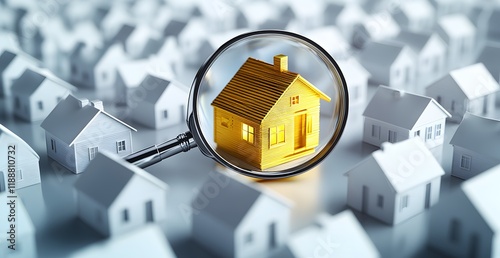 Golden house under magnifying glass among grey houses, property search, real estate investment