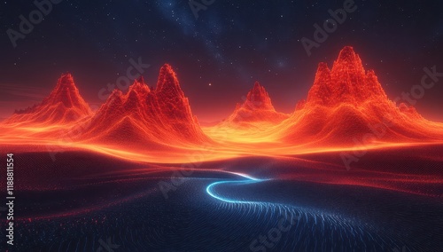 A dark desert landscape with three large orange mountains in the background, and an abstract glowing blue line that curves into one of them. The ground is covered by red patterns reminiscent of flames