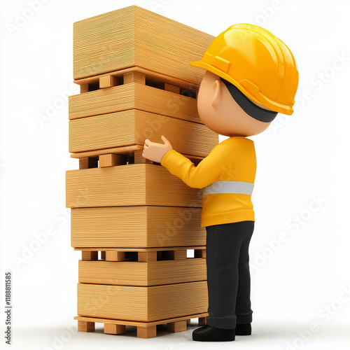 Hardhat worker carefully stacks wooden crates. Safety first!