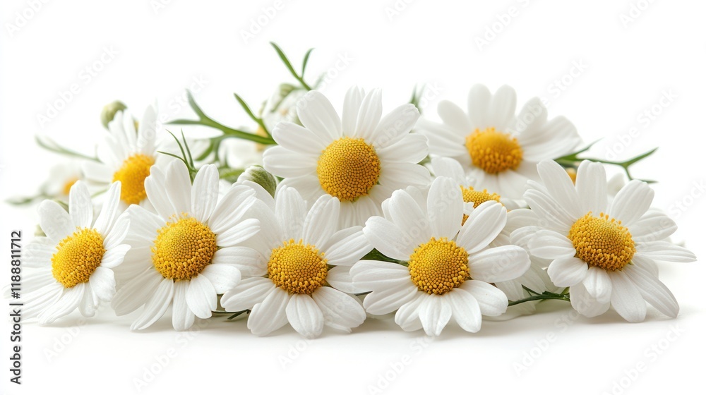 Obraz premium Close-up of a cluster of fresh chamomile flowers with green stems isolated on white background.