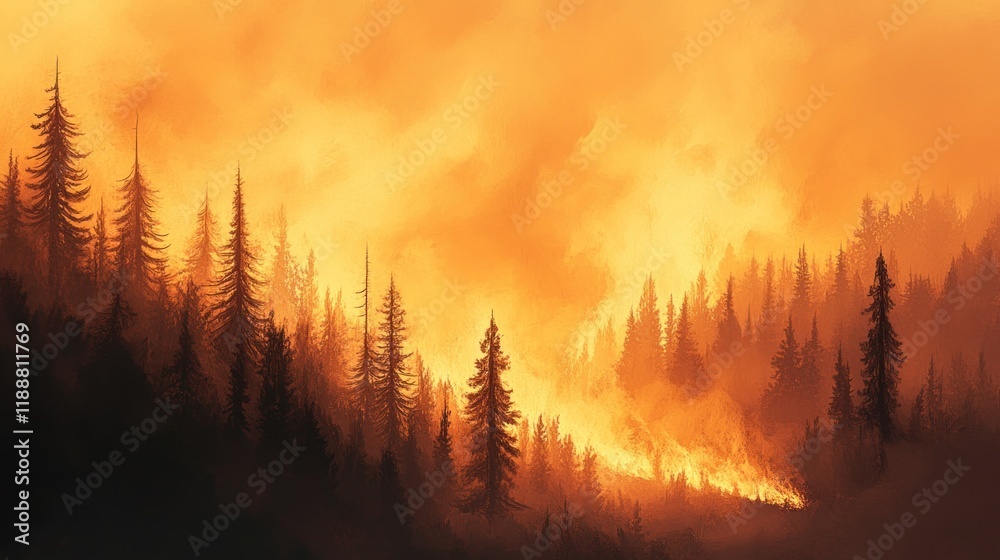 Fiery sunset wildfire engulfing a coniferous forest.