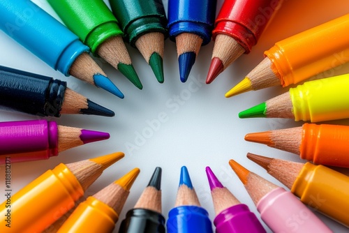 Colorful crayons arranged in a circular shape on white background photo