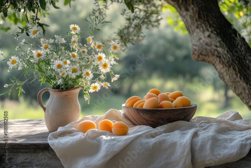 Freshly picked oranges in rustic wooden basket outdoors photo