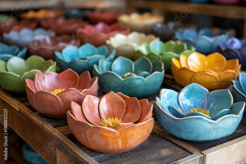 Colorful ceramic flower-shaped candles on display photo