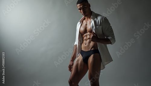 A muscular man stands confidently in a stylish pose, wearing only black swimwear and an unbuttoned white shirt. The dramatic lighting highlights his toned abs and strong legs, creating an alluring and photo